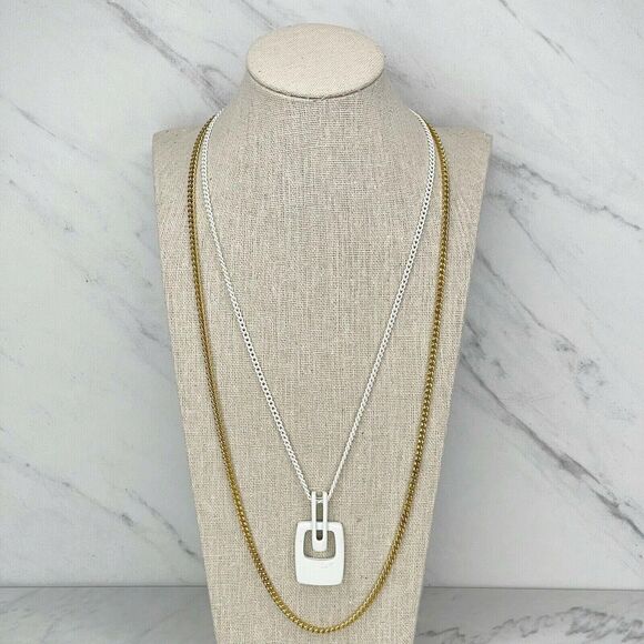 White and Gold Tone Double Strand Pendant Chain Link Necklace - Picture 1 of 6